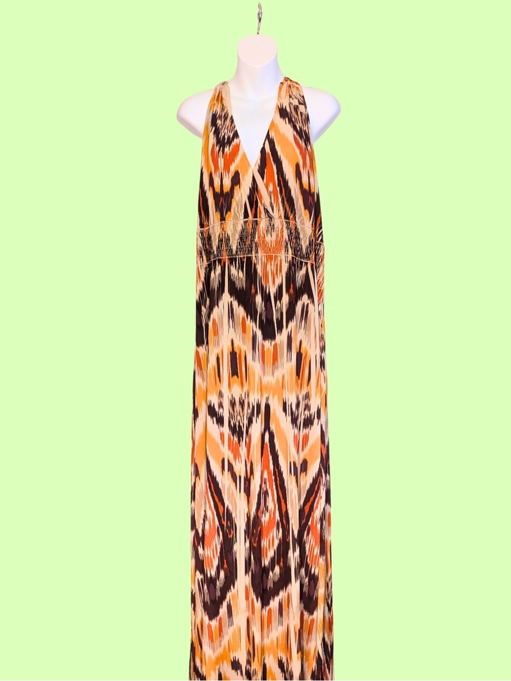 Sleeveless V-Neck Orange and Black Print Maxi Dress